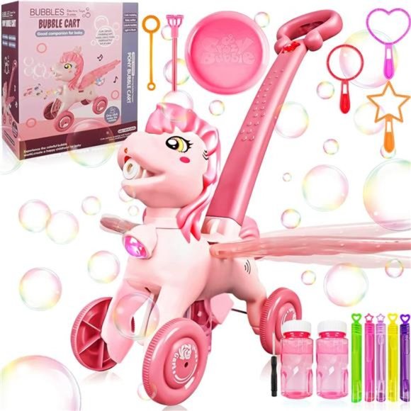 Pink Bubble Machine Blower Maker Lawn Mower Walking Toy Christmas - Picture 1 of 6